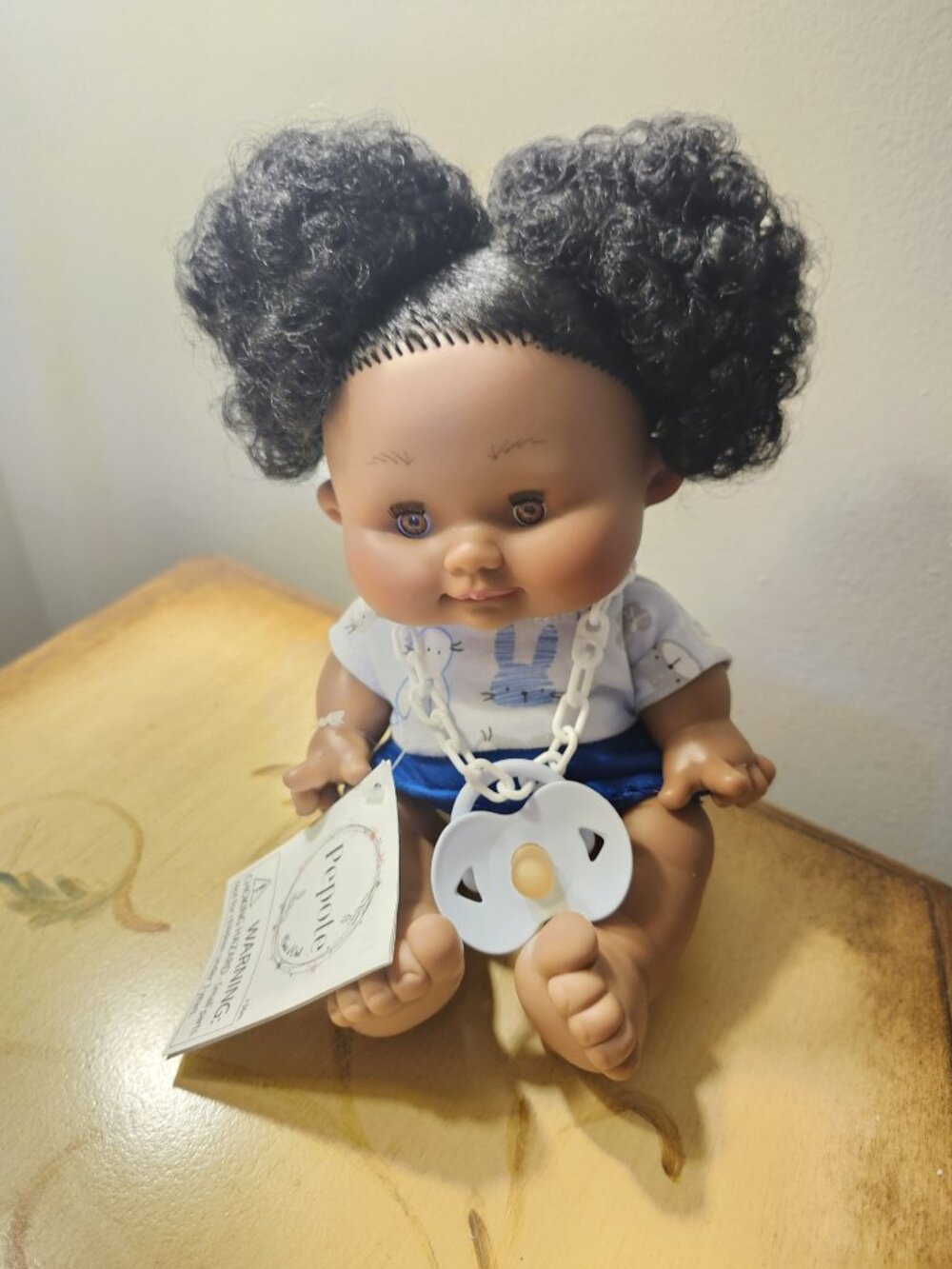 Nines d'Onil Pepote Doll 10" Black Hair, Brown Eyes Blue Skirt White Blouse NEW